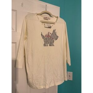 Quacker Factory Jeanne Bice Scottie Dog Rhinestone Cream Cotton Top 1X New